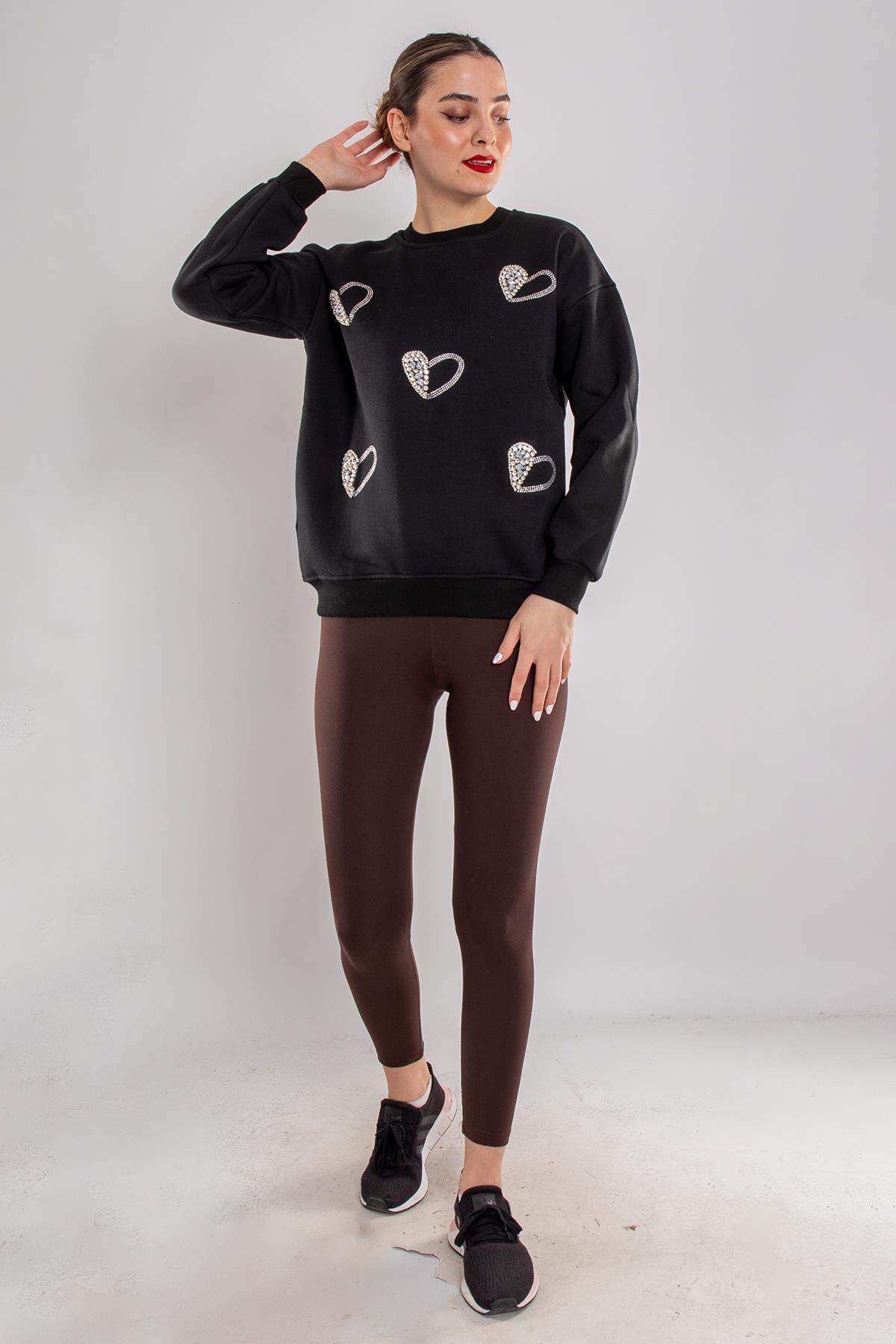 5124 Taşlı Kalp Baskı Bisiklet Yaka İçi Şardonlu Sweatshirt