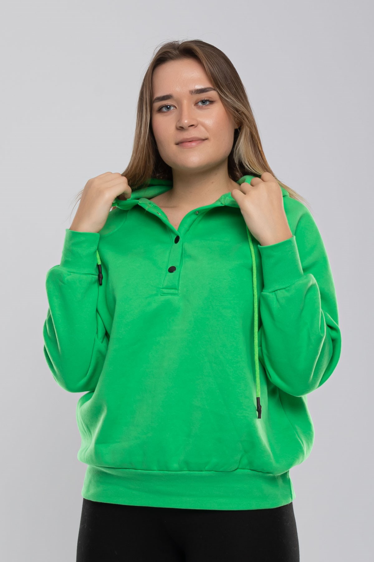 5166 Kapşonlu Yaka Çıtçıtlı İçi Şardonlu Sweat