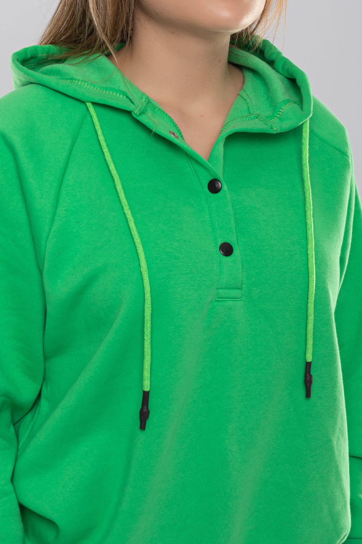 5166 Kapşonlu Yaka Çıtçıtlı İçi Şardonlu Sweat