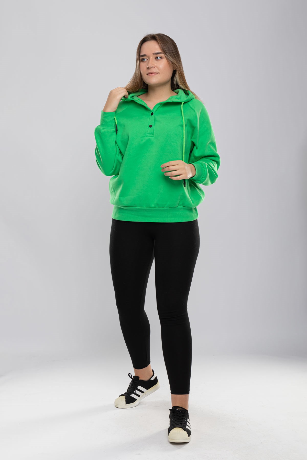 5166 Kapşonlu Yaka Çıtçıtlı İçi Şardonlu Sweat