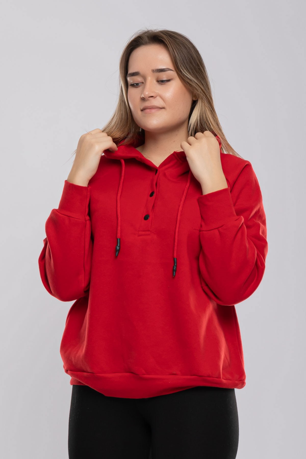 5166 Kapşonlu Yaka Çıtçıtlı İçi Şardonlu Sweat