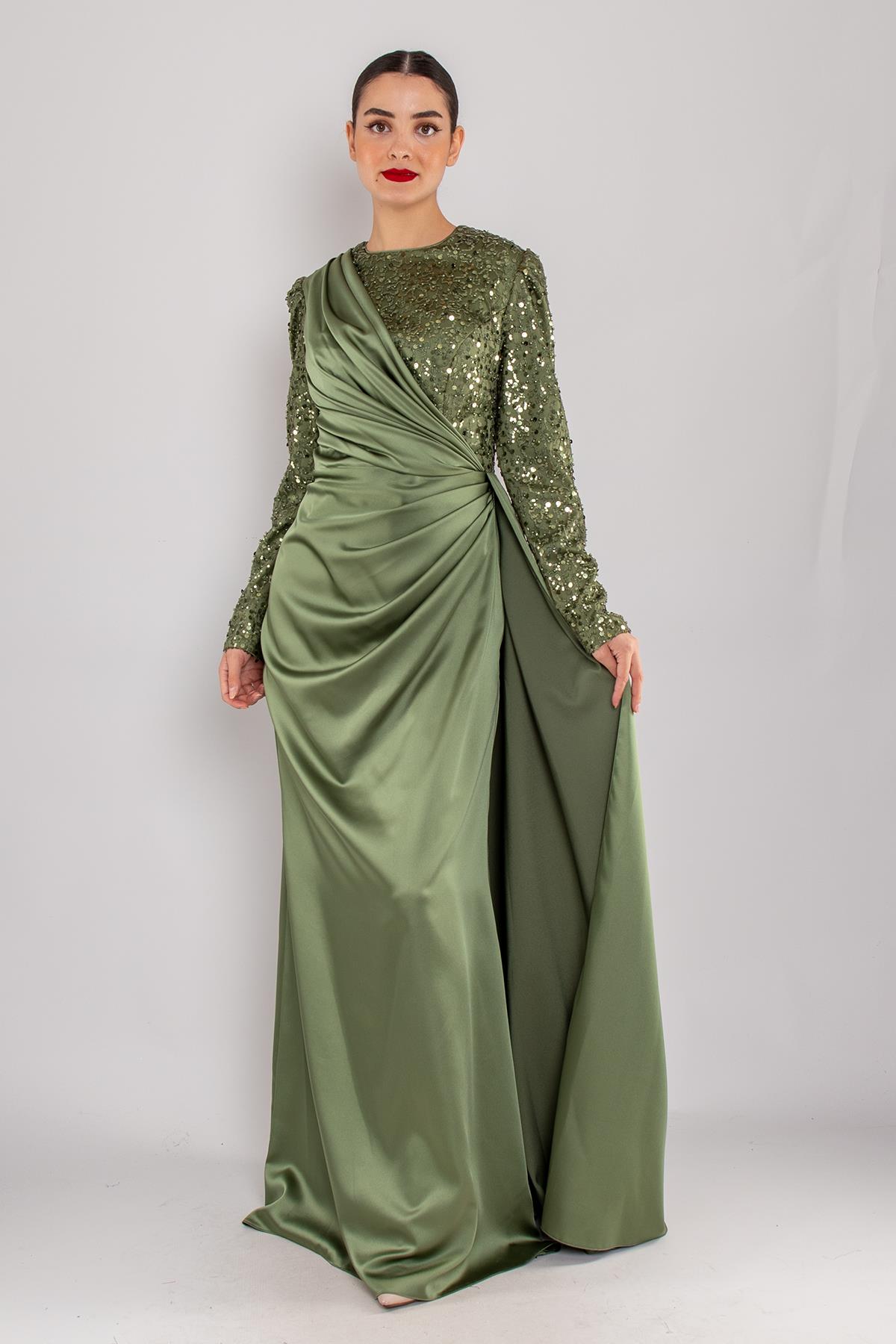 521 Payet ve Boncuklu Tesettür Yandan Drapeli Saten Uzun Elbise