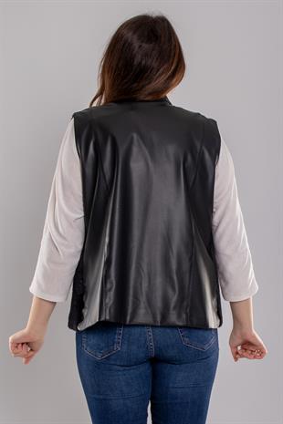 5702 Büyük Beden Kürk Detaylı Deri Astarlı Taş Detay Yelek