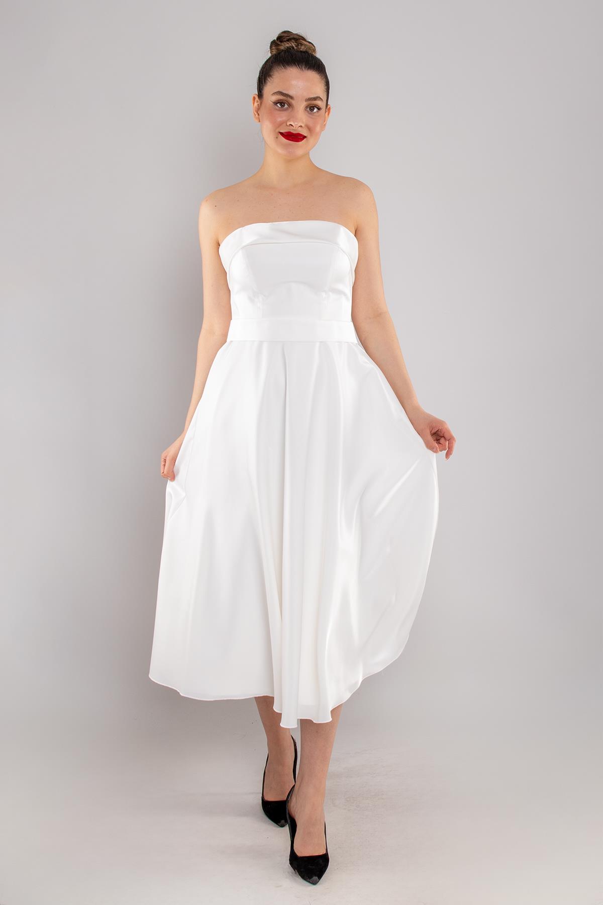 576 Straplez Kuşaklı Midiboy Kloş Etek Saten Elbise