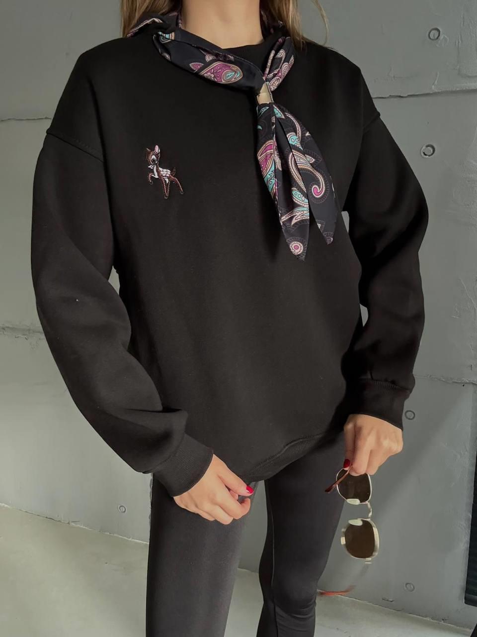 5808 Fular Detay Ceylan Nakışlı Bisiklet Yaka Sweatshirt