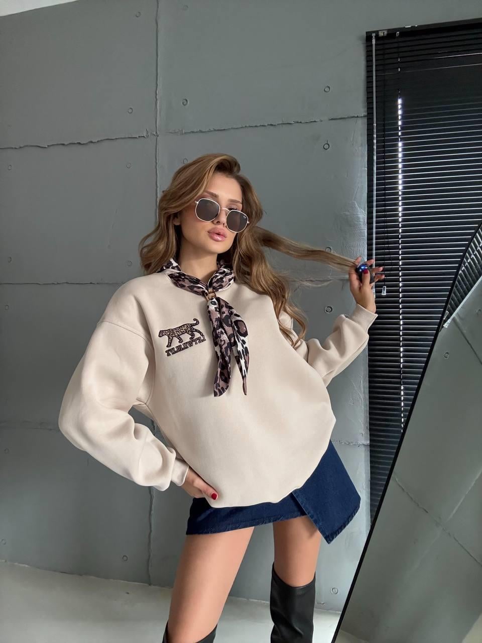 5811 Fular Detay Leopar Nakışlı Bisiklet Yaka Sweatshirt