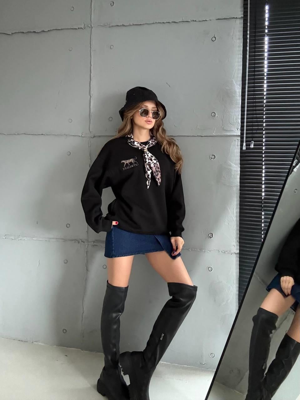 5811 Fular Detay Leopar Nakışlı Bisiklet Yaka Sweatshirt