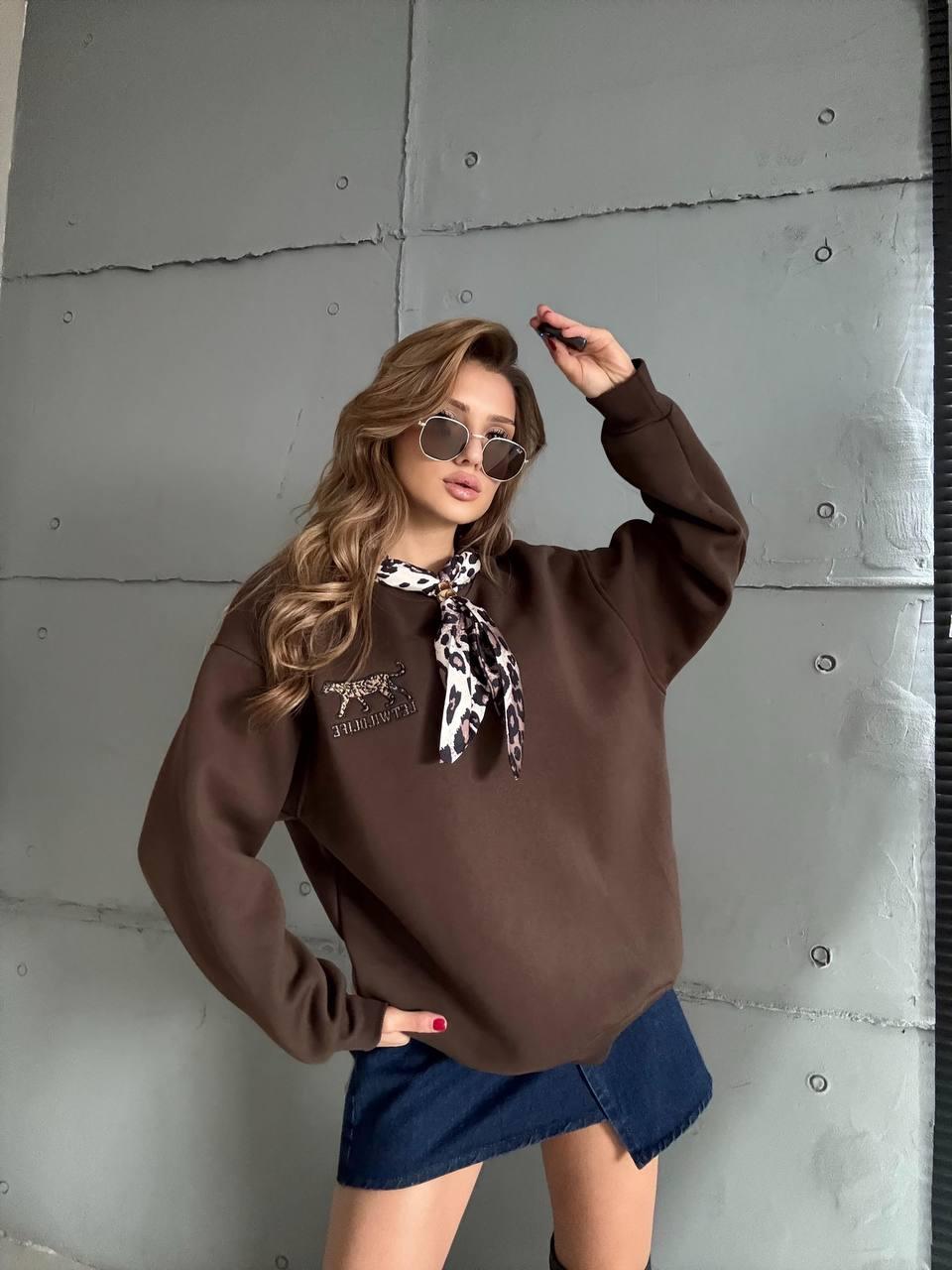 5811 Fular Detay Leopar Nakışlı Bisiklet Yaka Sweatshirt