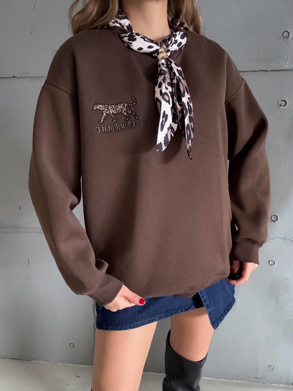 5811 Fular Detay Leopar Nakışlı Bisiklet Yaka Sweatshirt