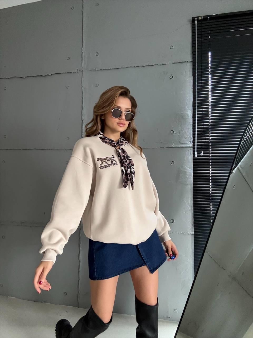 5811 Fular Detay Leopar Nakışlı Bisiklet Yaka Sweatshirt