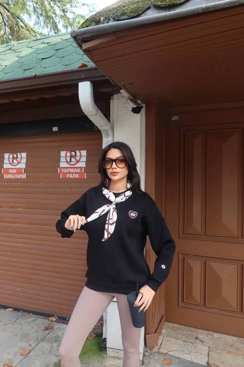 5819 Göz Baskılı Fular Detay Bisiklet Yaka Sweatshirt