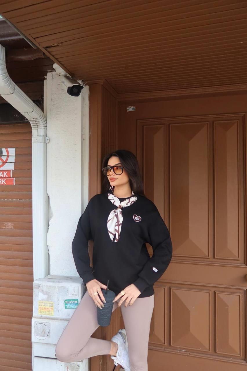 5819 Göz Baskılı Fular Detay Bisiklet Yaka Sweatshirt