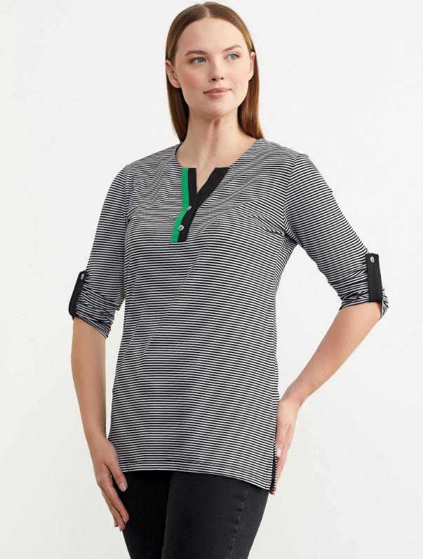 60003 Çizgili Yaka Düğmeli Truvakar Kol Tshirt