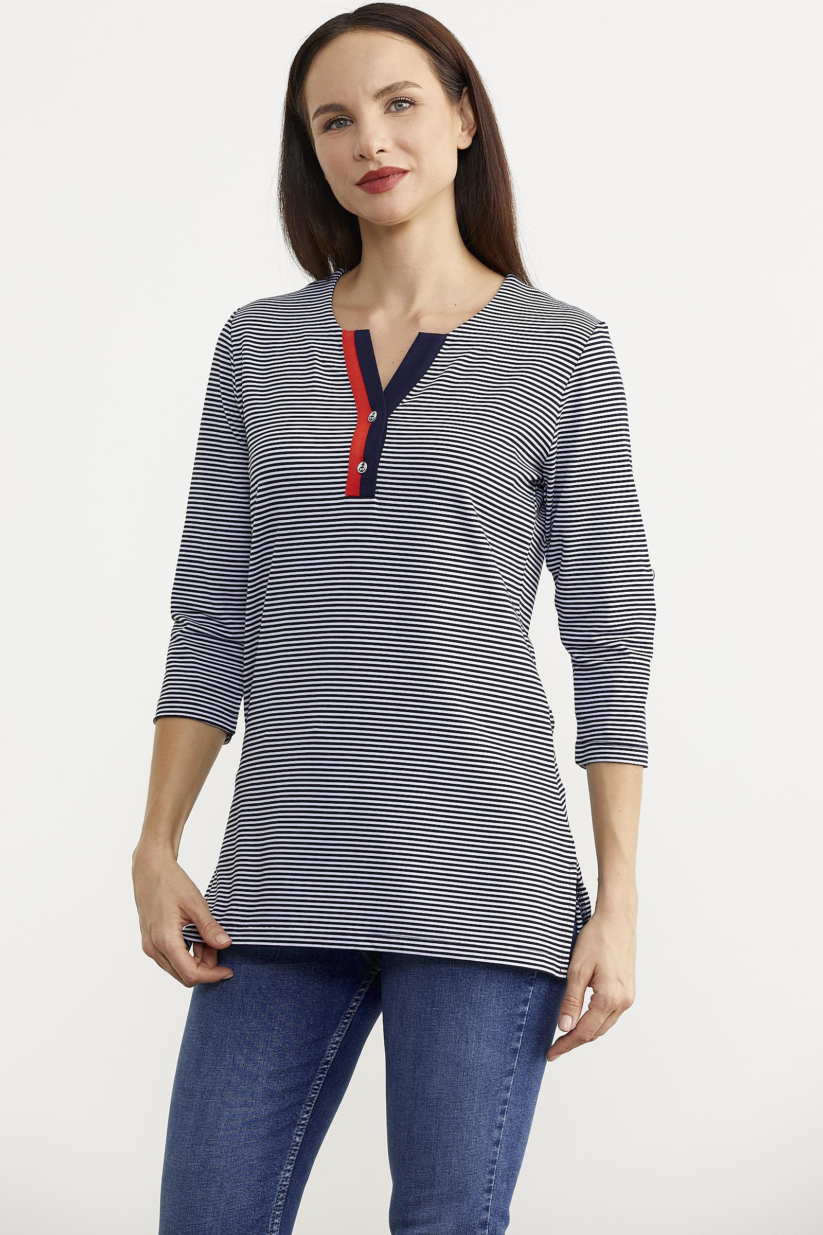 60003 Çizgili Yaka Düğmeli Truvakar Kol Tshirt