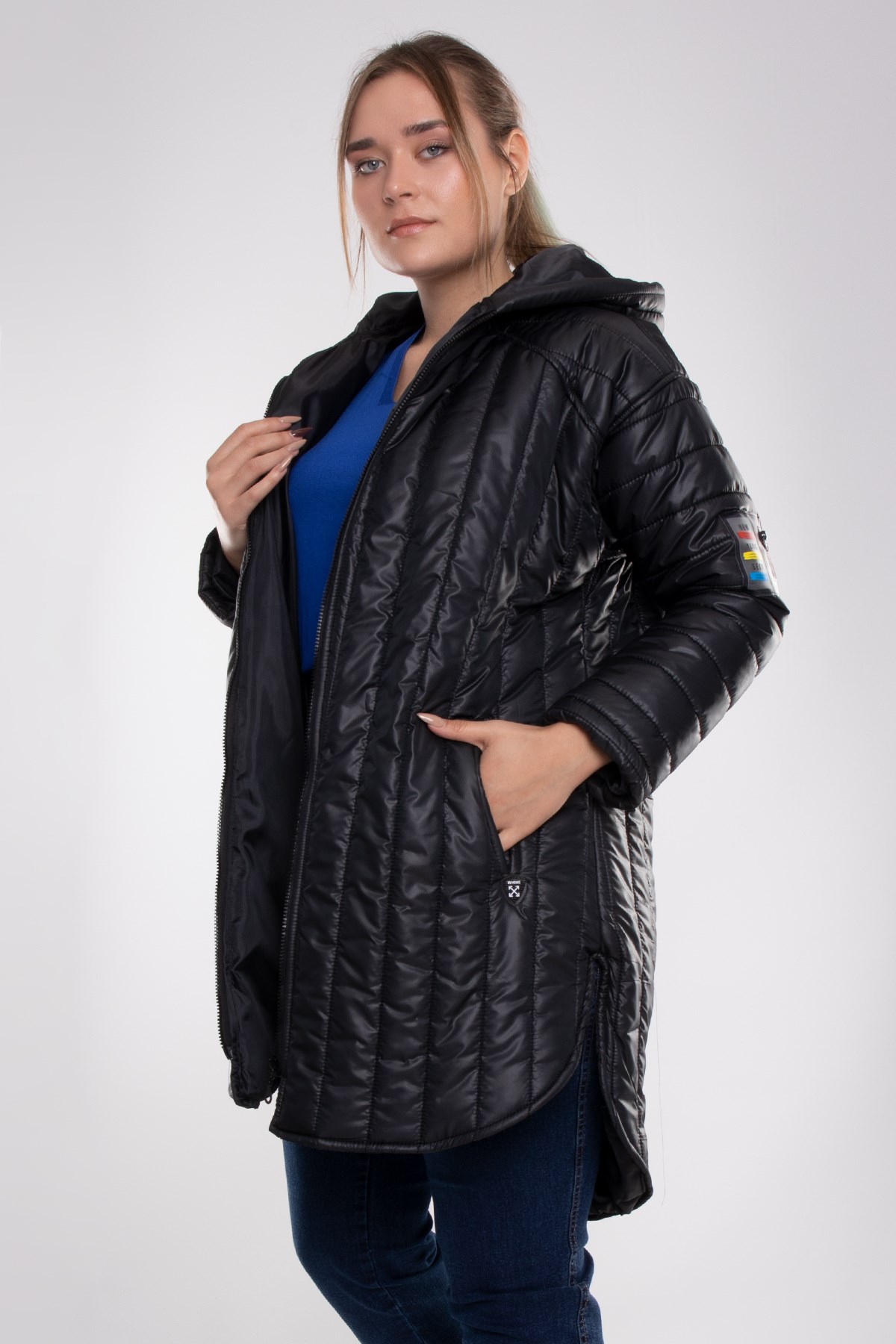 6021 Büyük Beden Kapitone Kapüşonlu Uzun Kadın Şişme Kaban