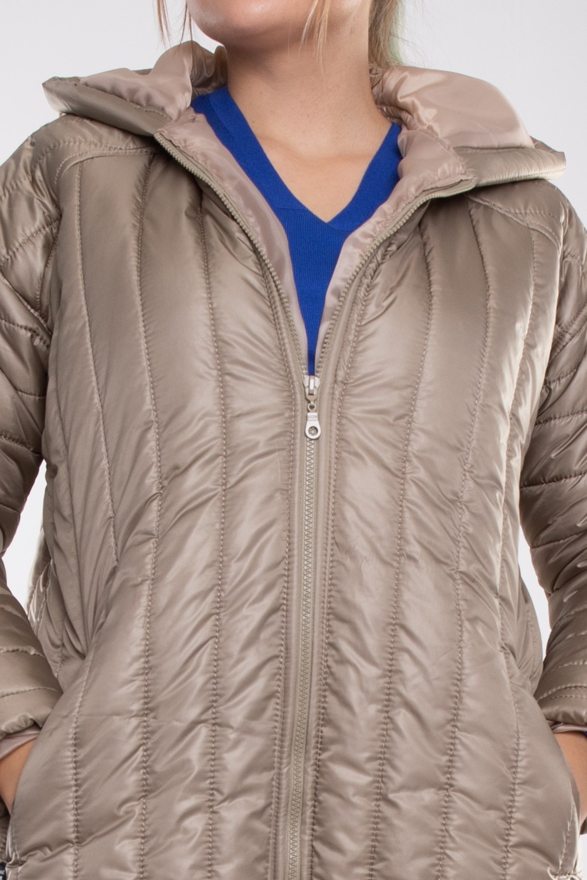 6021 Büyük Beden Kapitone Kapüşonlu Uzun Kadın Şişme Kaban