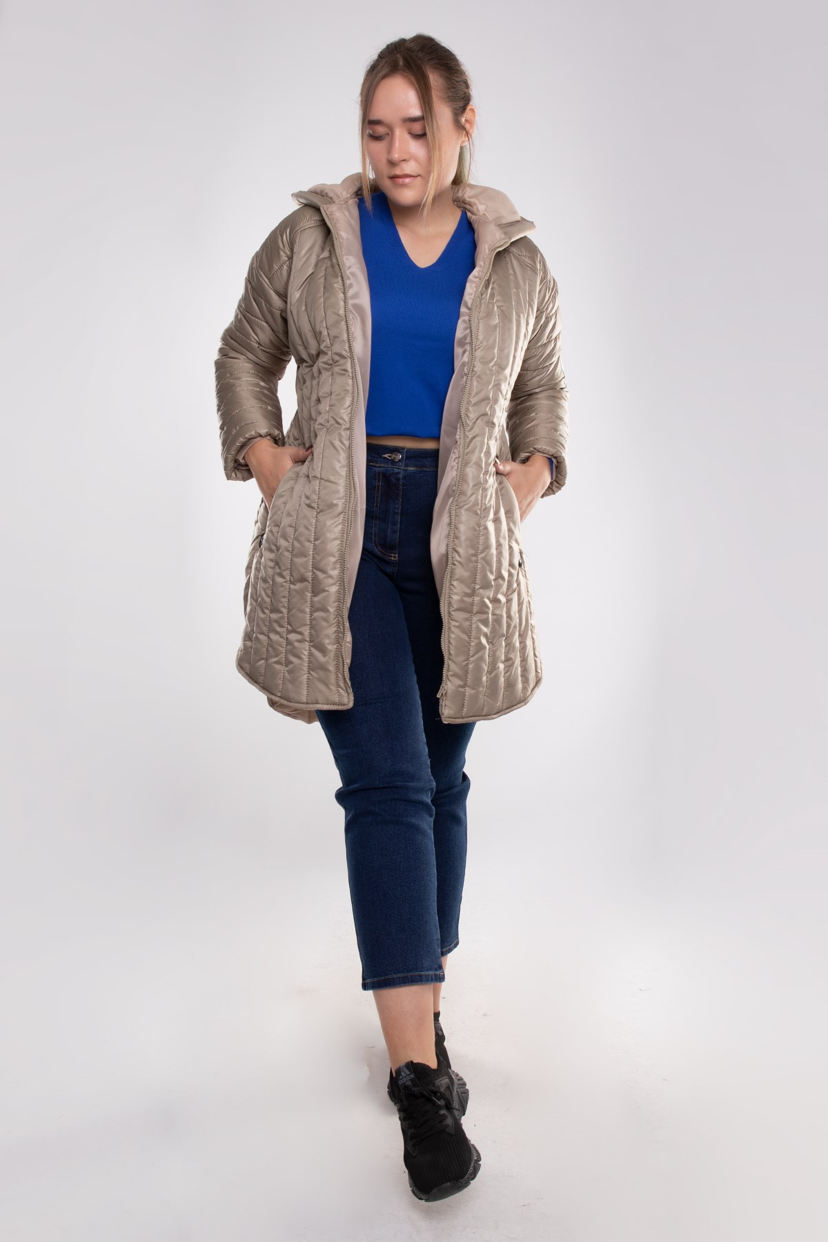 6021 Büyük Beden Kapitone Kapüşonlu Uzun Kadın Şişme Kaban