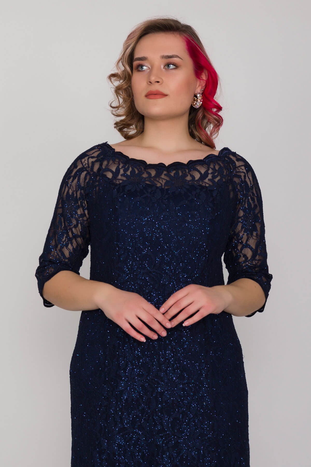 6032 BB Madonna Yaka Simli Dantel Truv.Kol Uzun Abiye