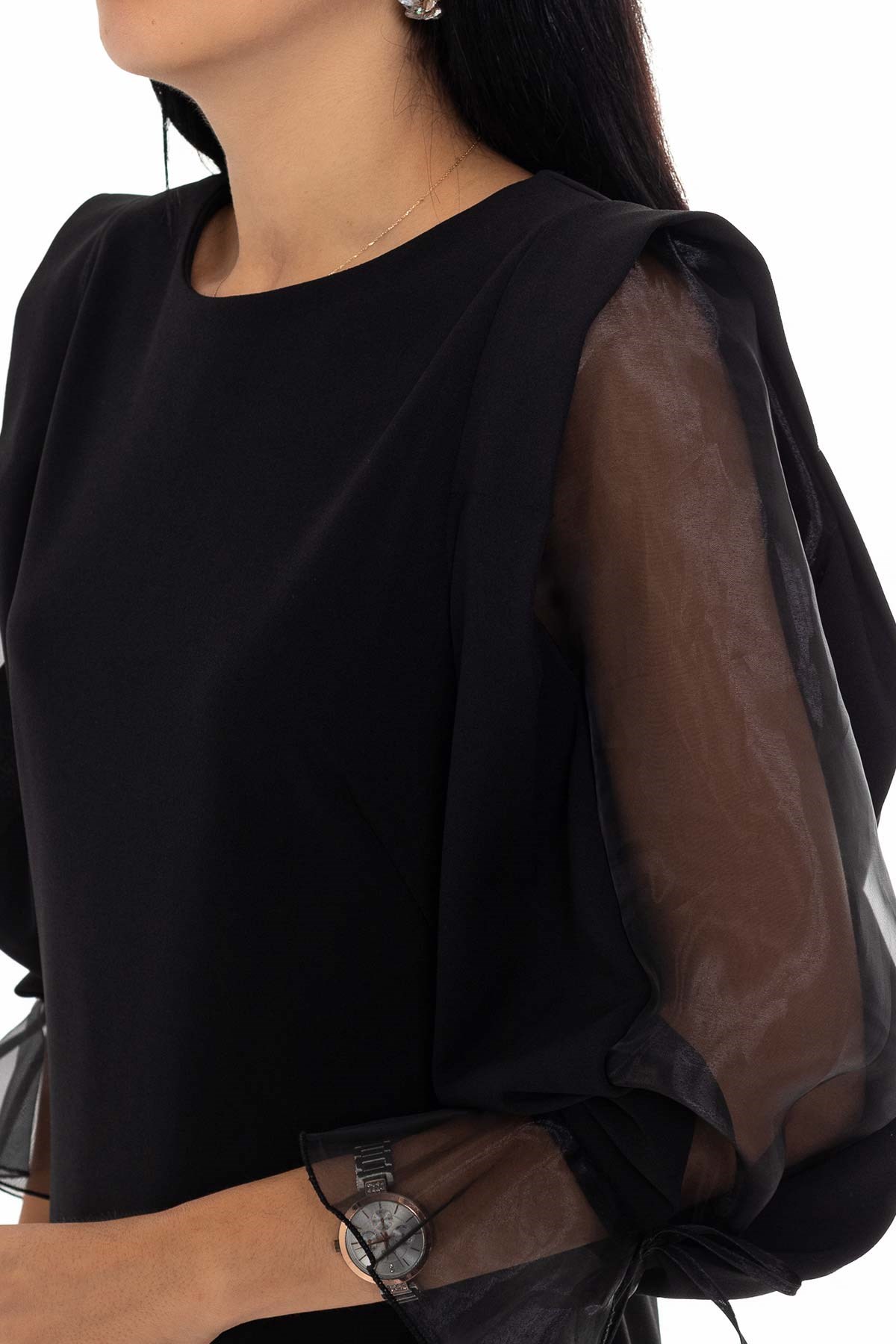 60627 Kolları Organze Tül Krep Elbise