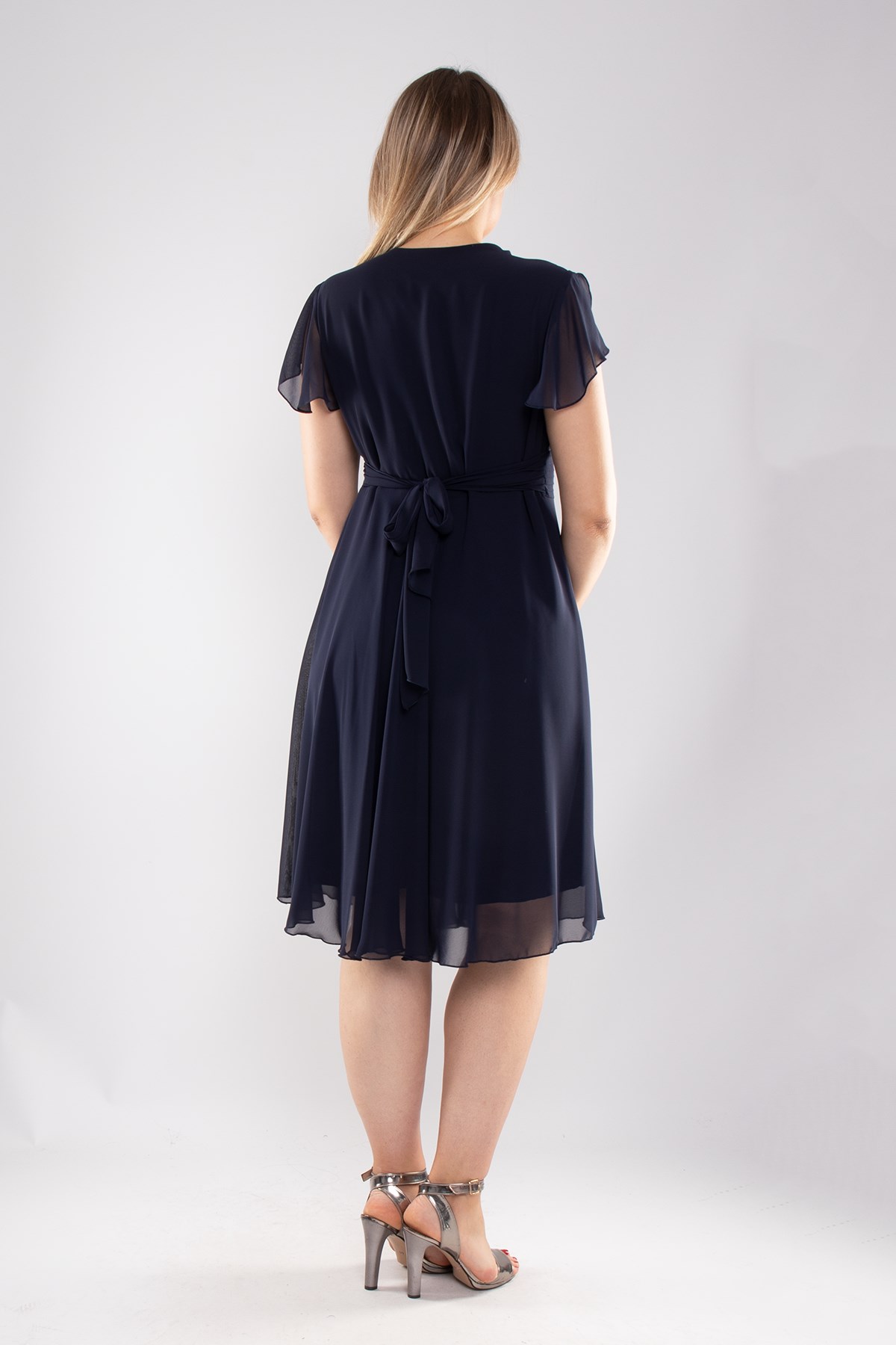 6065.5 Tam Seri Kruvaze Yaka Kısa Şifon Elbise