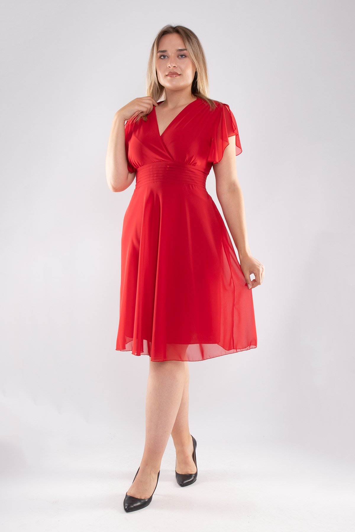 6065.5 Tam Seri Kruvaze Yaka Kısa Şifon Elbise