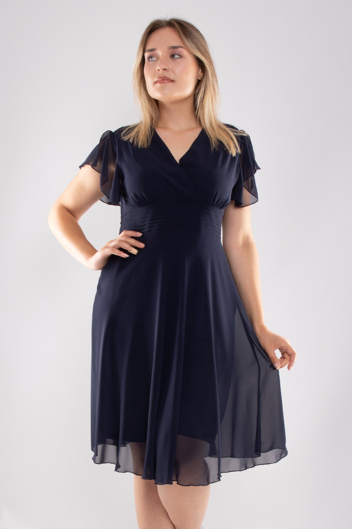 6065.5 Tam Seri Kruvaze Yaka Kısa Şifon Elbise