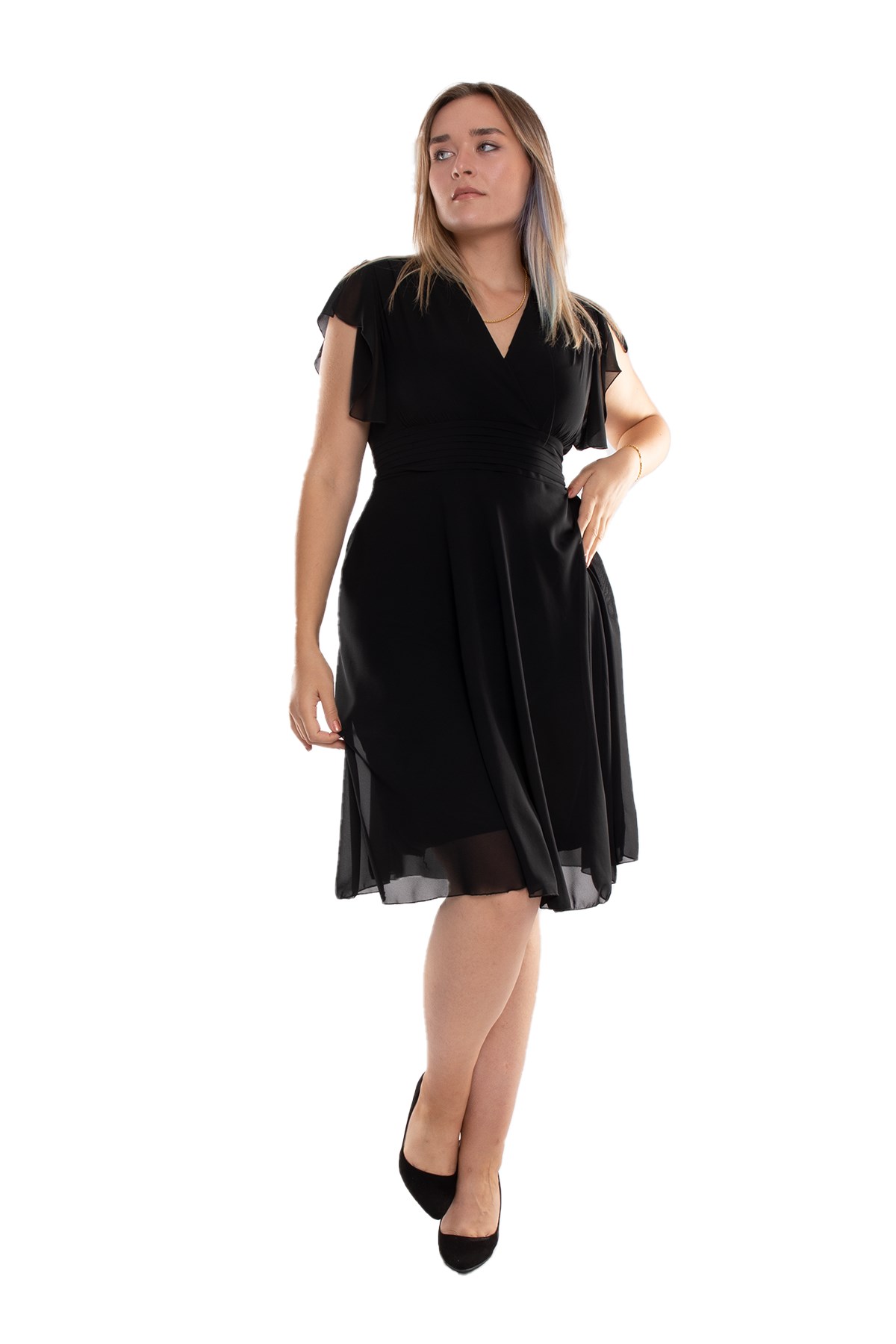 6065.5 Tam Seri Kruvaze Yaka Kısa Şifon Elbise