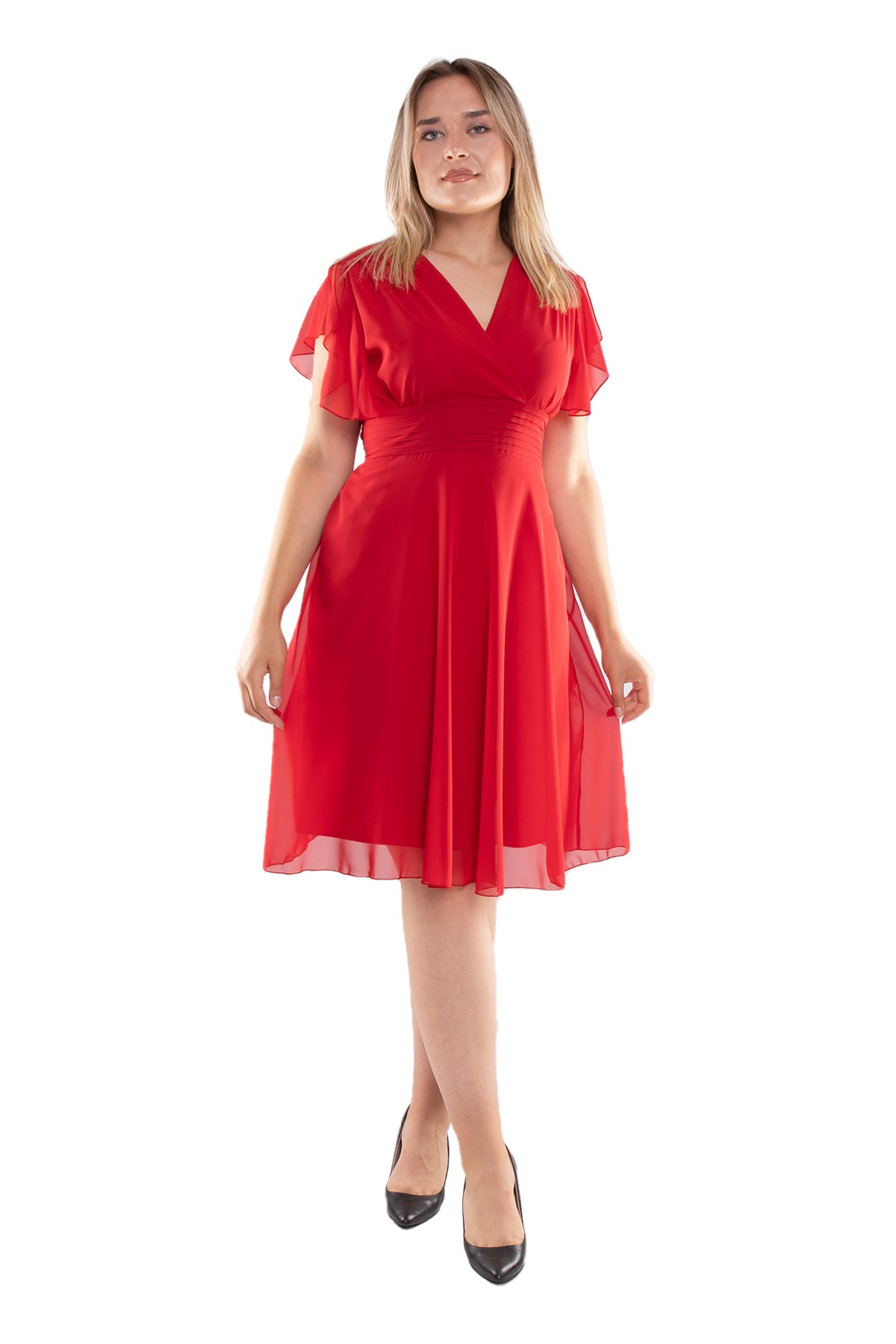 6065.5 Tam Seri Kruvaze Yaka Kısa Şifon Elbise