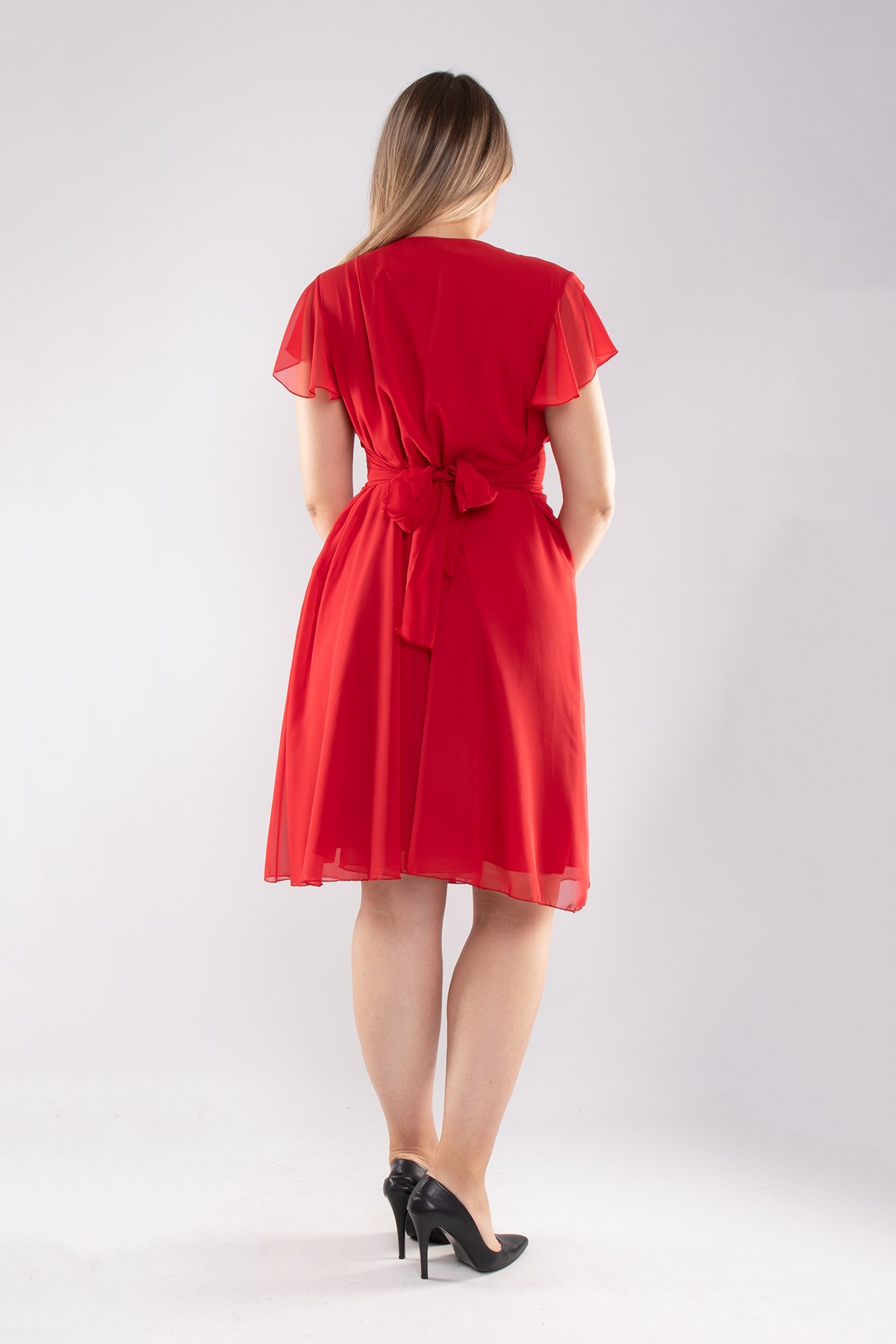 6065.5 Tam Seri Kruvaze Yaka Kısa Şifon Elbise