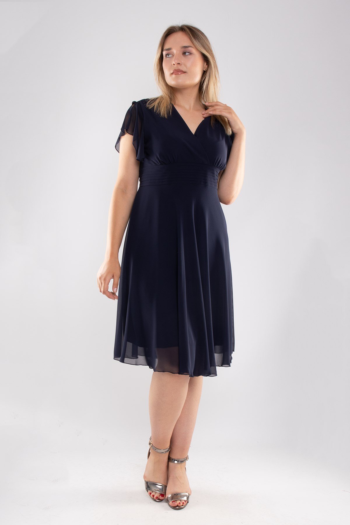 6065.5 Tam Seri Kruvaze Yaka Kısa Şifon Elbise