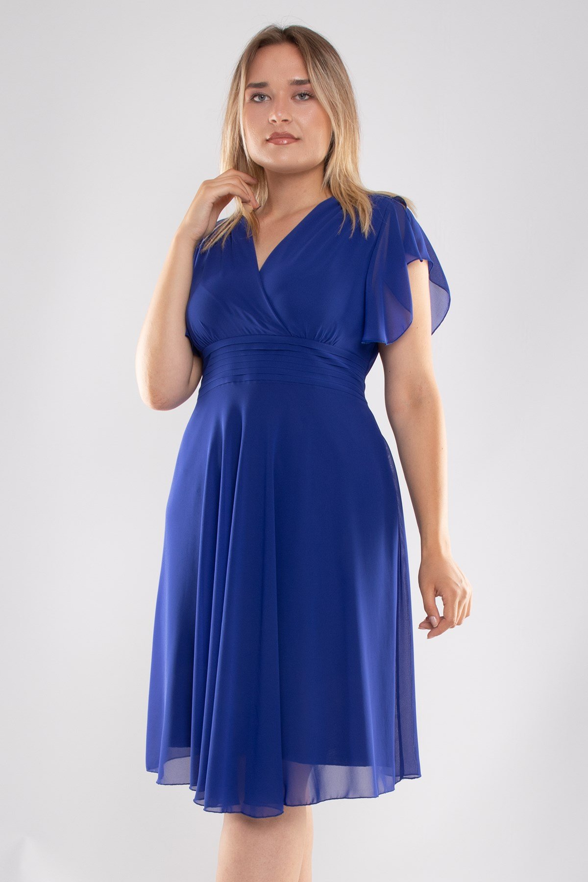 6065.5 Tam Seri Kruvaze Yaka Kısa Şifon Elbise