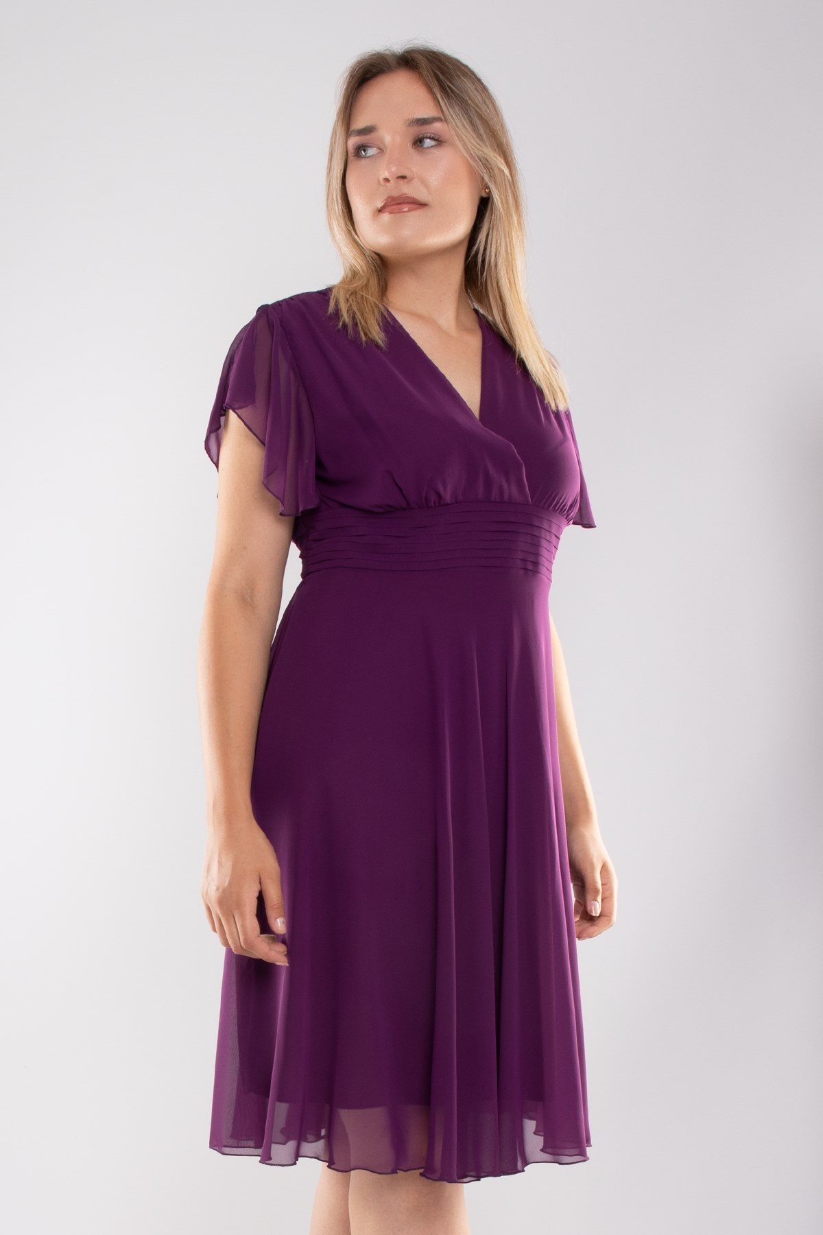 6065.5 Tam Seri Kruvaze Yaka Kısa Şifon Elbise