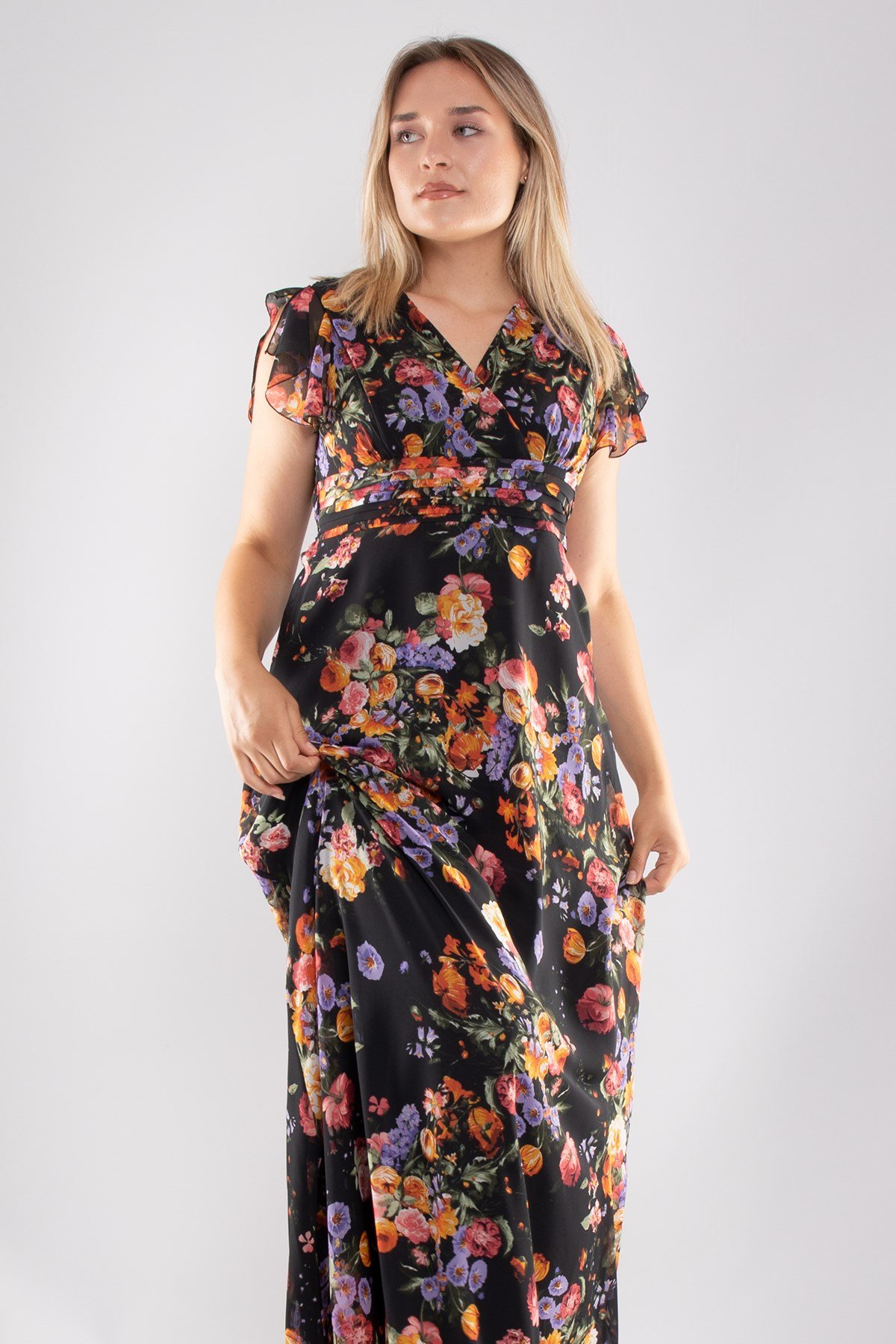 6076.1 Tam Seri Kruvaze Yaka Çiçek Desen Uzun Şifon Elbise