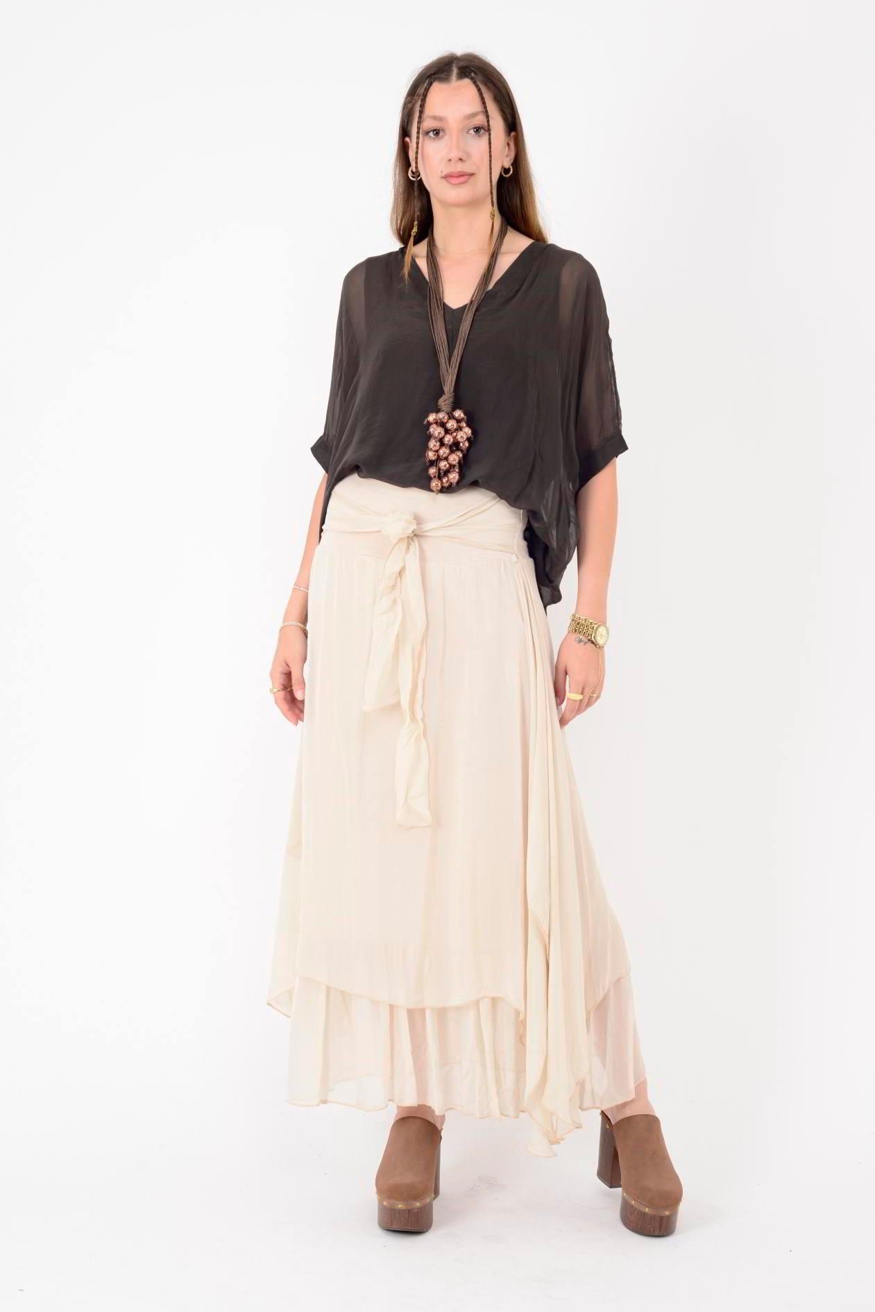 6087 Düz Desen Fiyonk Detaylı İpek Elbise