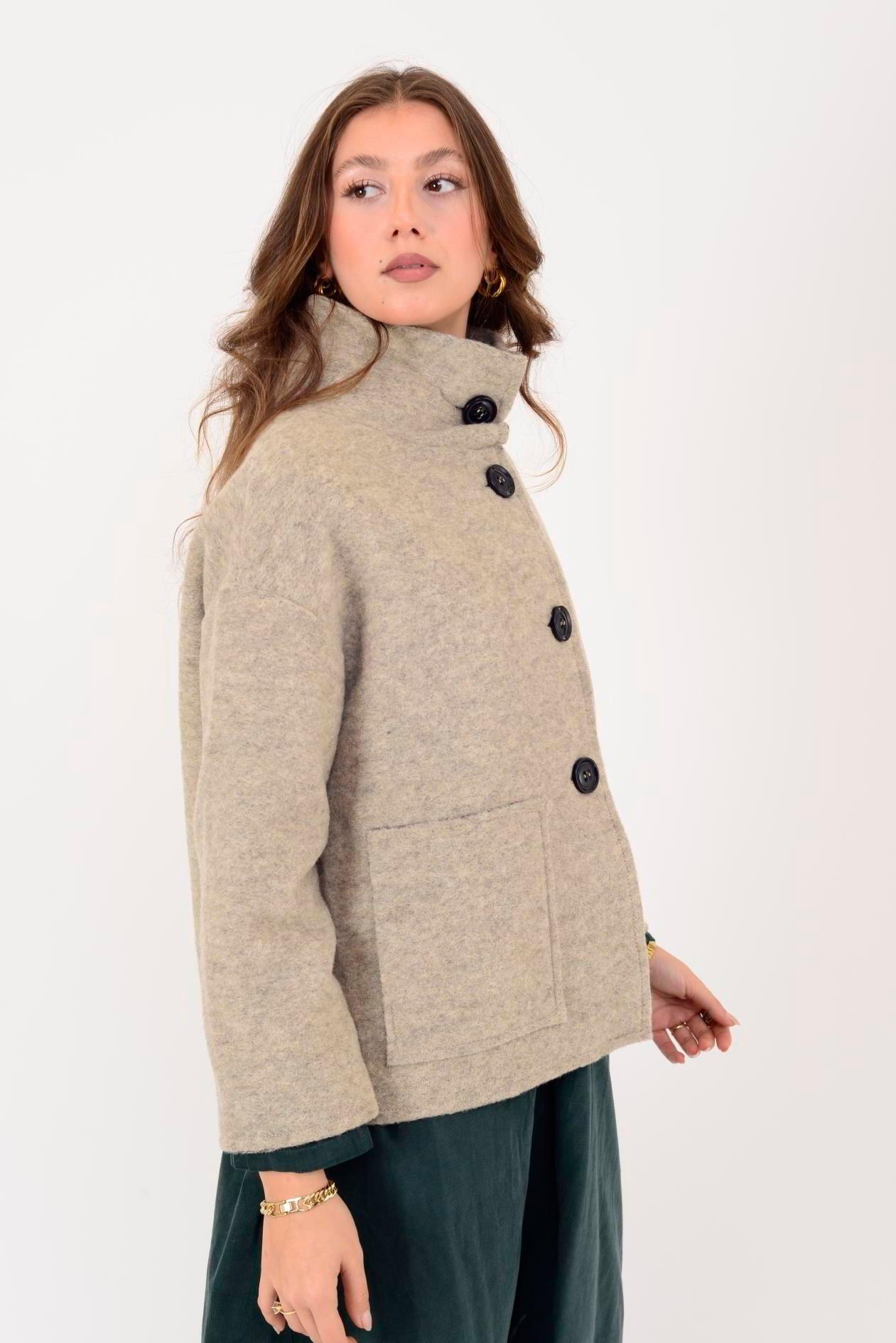 60940 Asimetrik Düğmeli Keçe Kaban