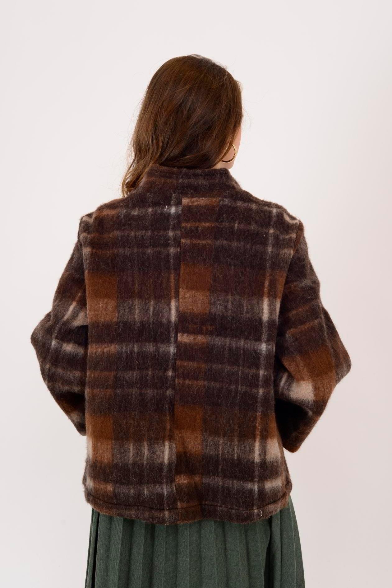 60940 Oduncu Desen Asimetrik Düğmeli Keçe Kaban