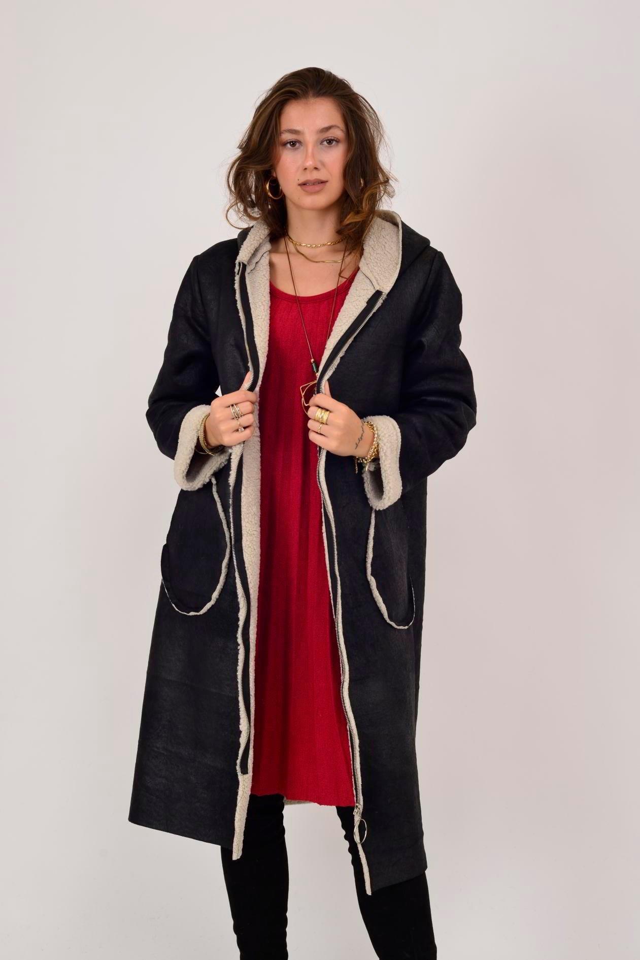 60949 Kürklü Fermuarlı Nubuk Kapüşonlu Kaban