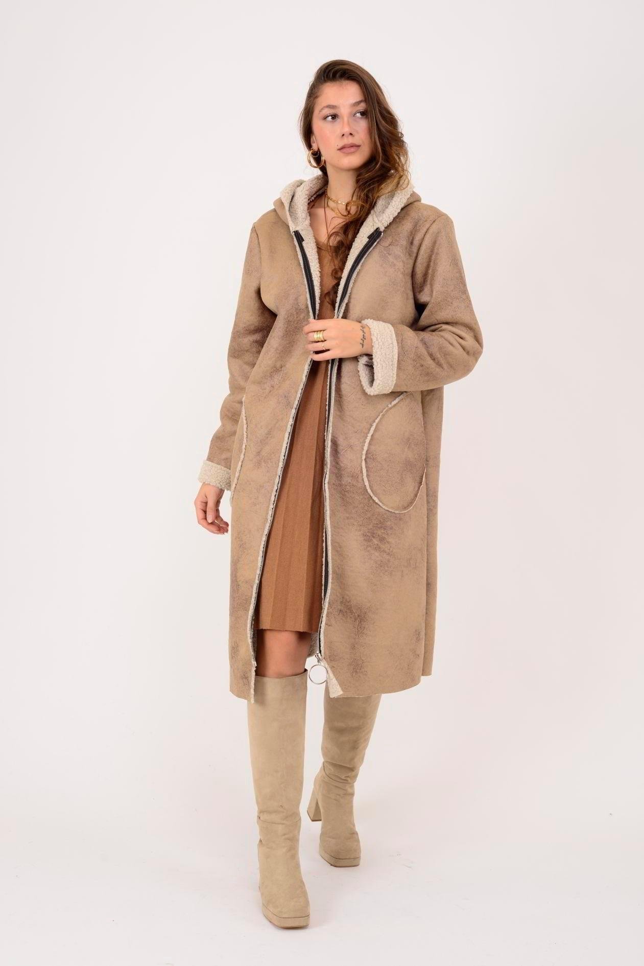 60949 Kürklü Fermuarlı Nubuk Kapüşonlu Kaban