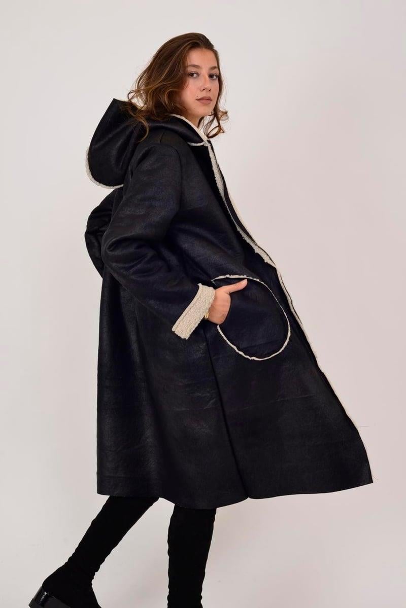 60949 Kürklü Fermuarlı Nubuk Kapüşonlu Kaban