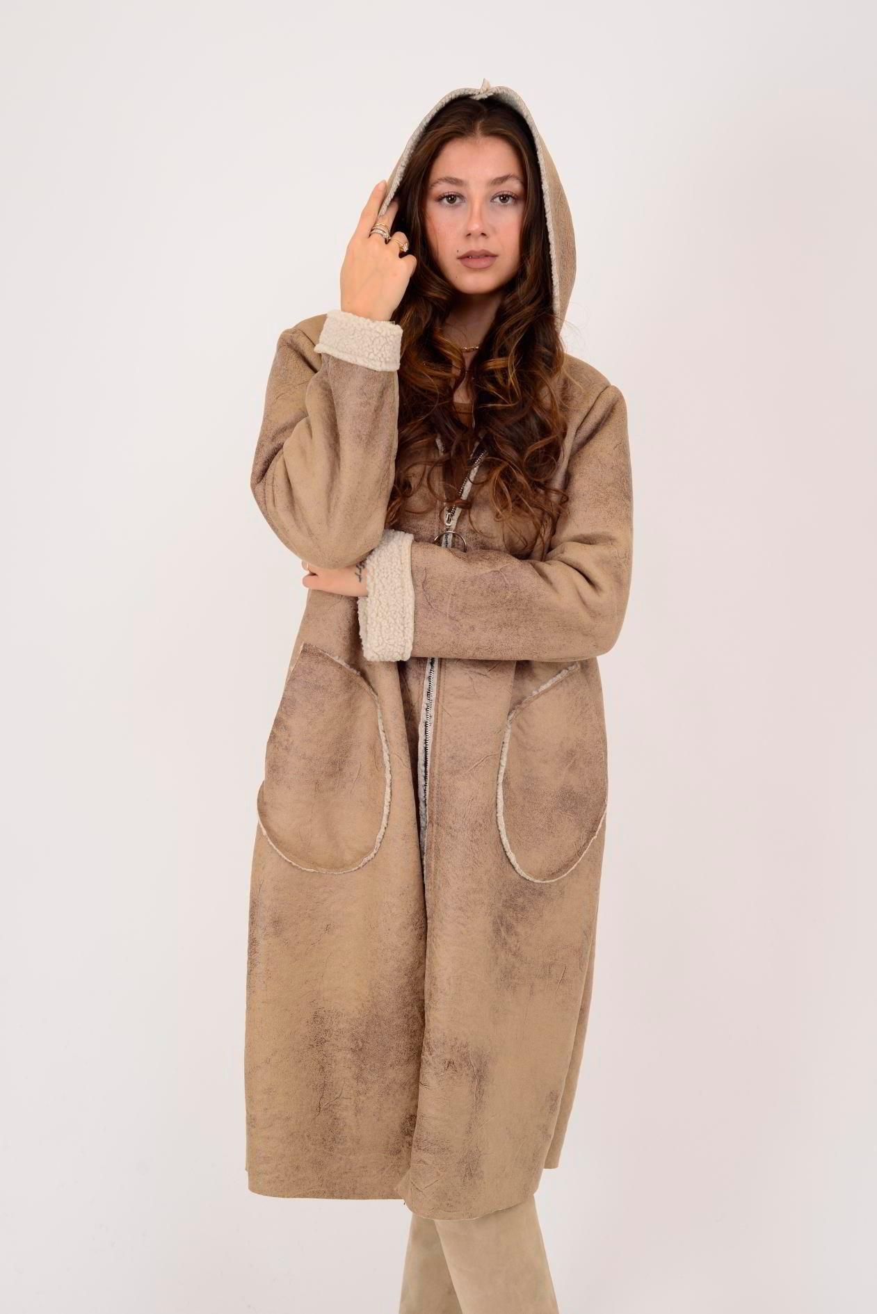 60949 Kürklü Fermuarlı Nubuk Kapüşonlu Kaban