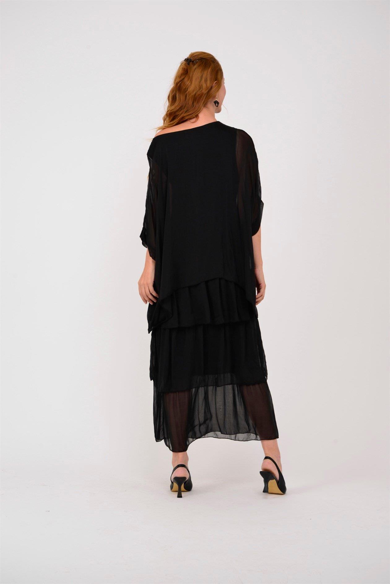 6105 Bluz Detay Kat Kat Uzun İpek Elbise