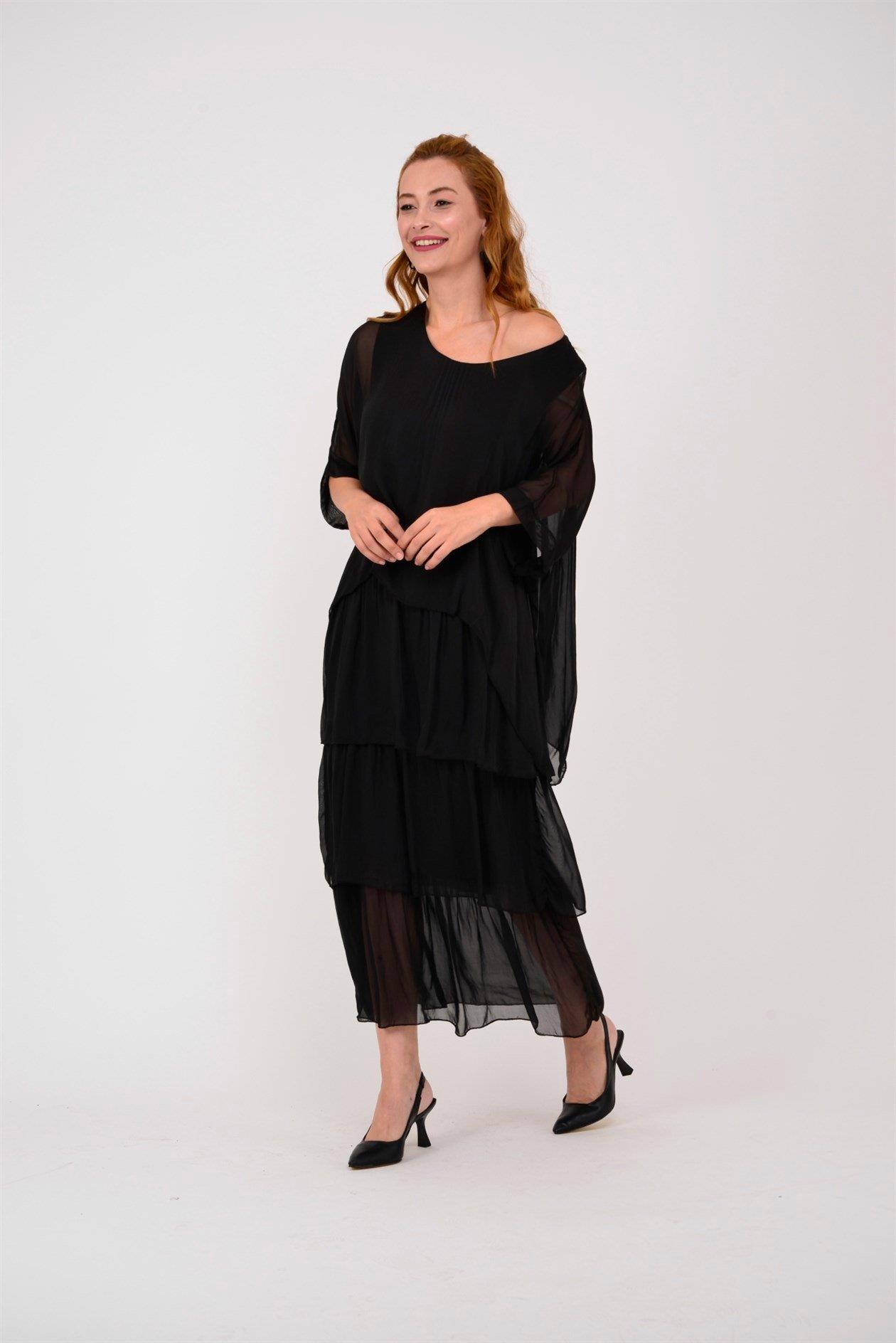 6105 Bluz Detay Kat Kat Uzun İpek Elbise