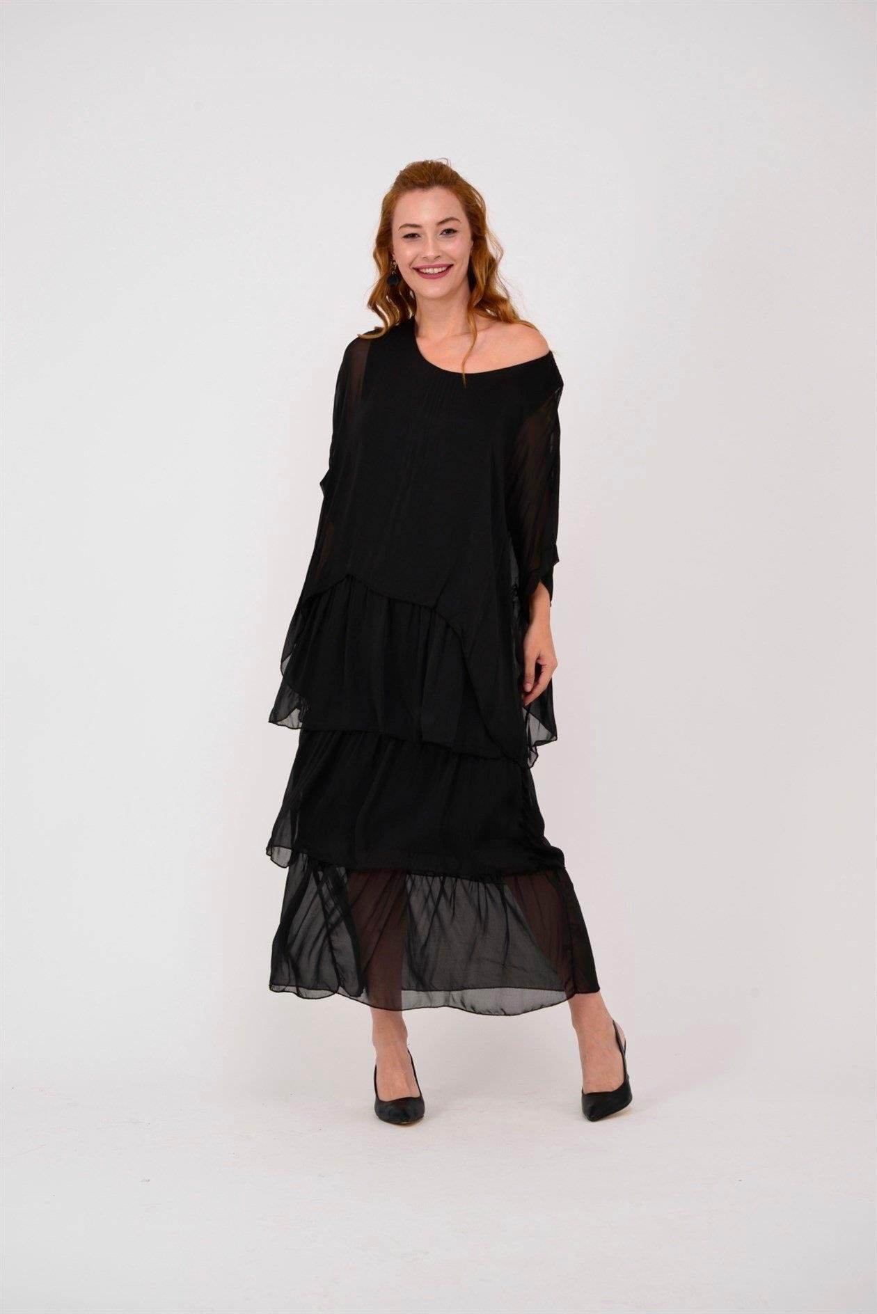 6105 Bluz Detay Kat Kat Uzun İpek Elbise