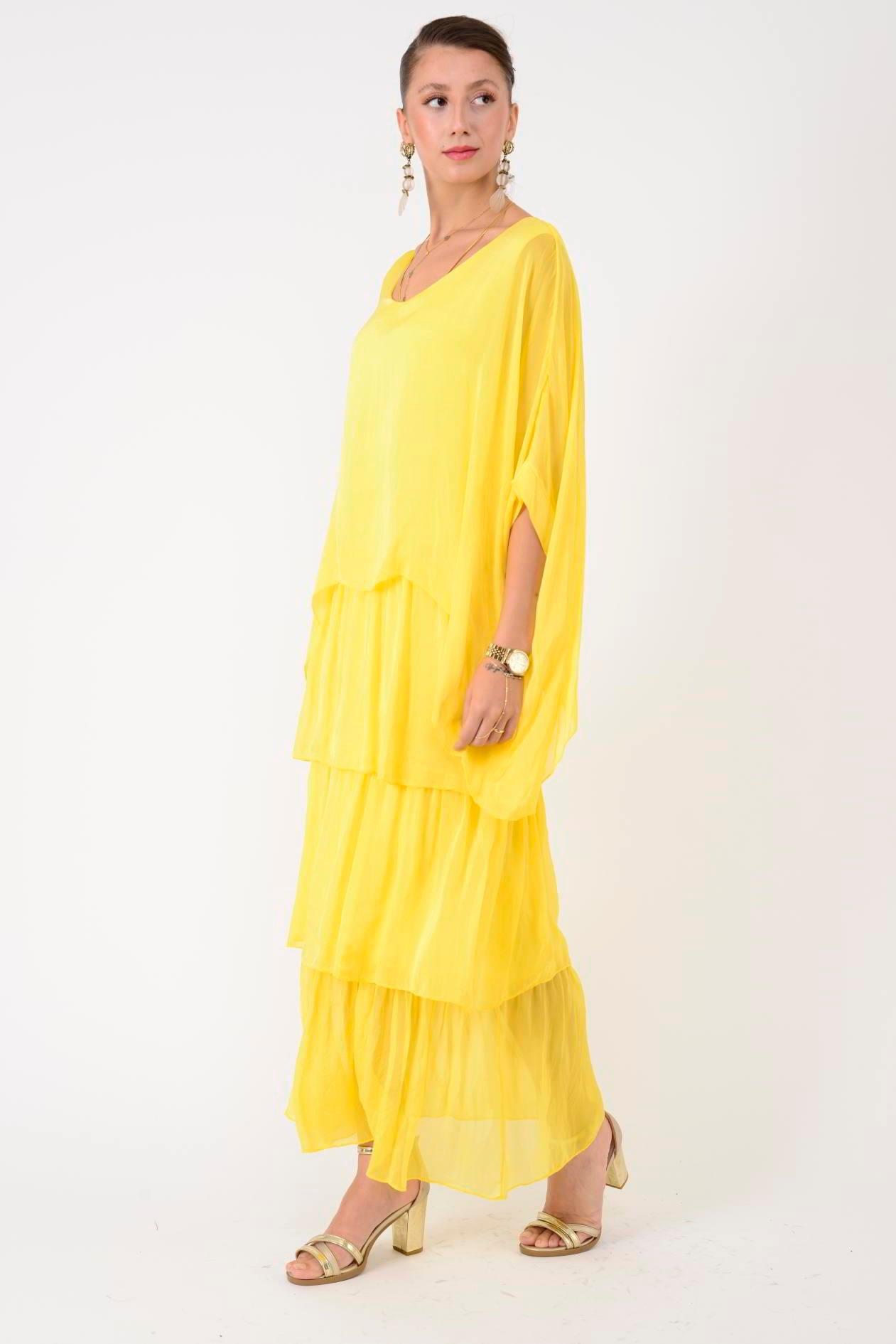 6105 Bluz Detay Kat Kat Uzun İpek Elbise