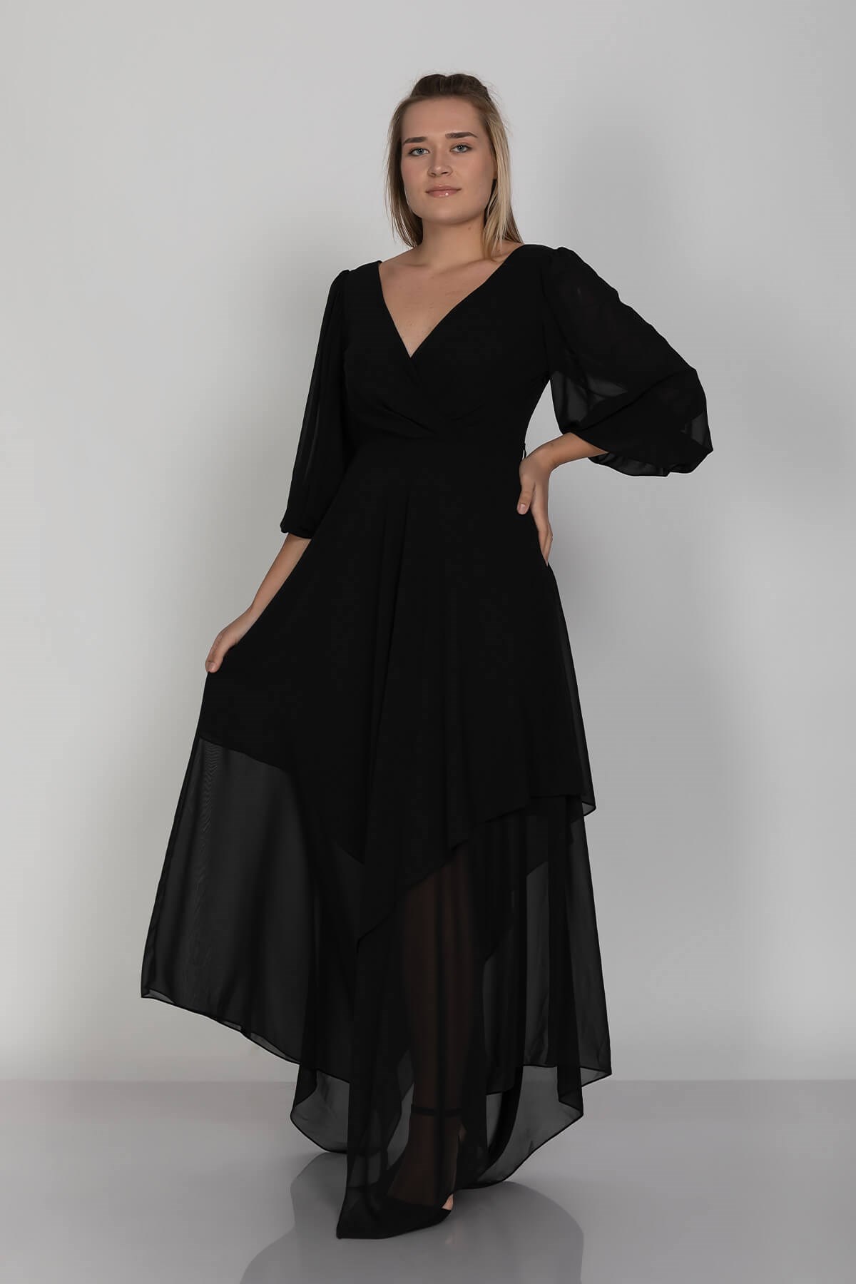 610901 Eteği Asimetrik Balon Kol Vyaka Kuşaklı Şifon Büyük Beden Kısa Elbise