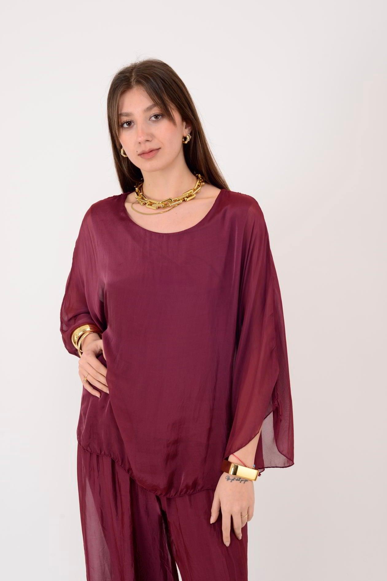 6115 Düz Desen Astarlı İpek Bluz