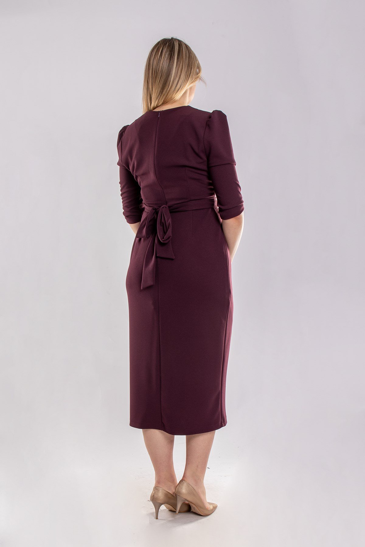 61246 Büyük Beden Kruvaze Yaka Bağlamalı Krep Elbise