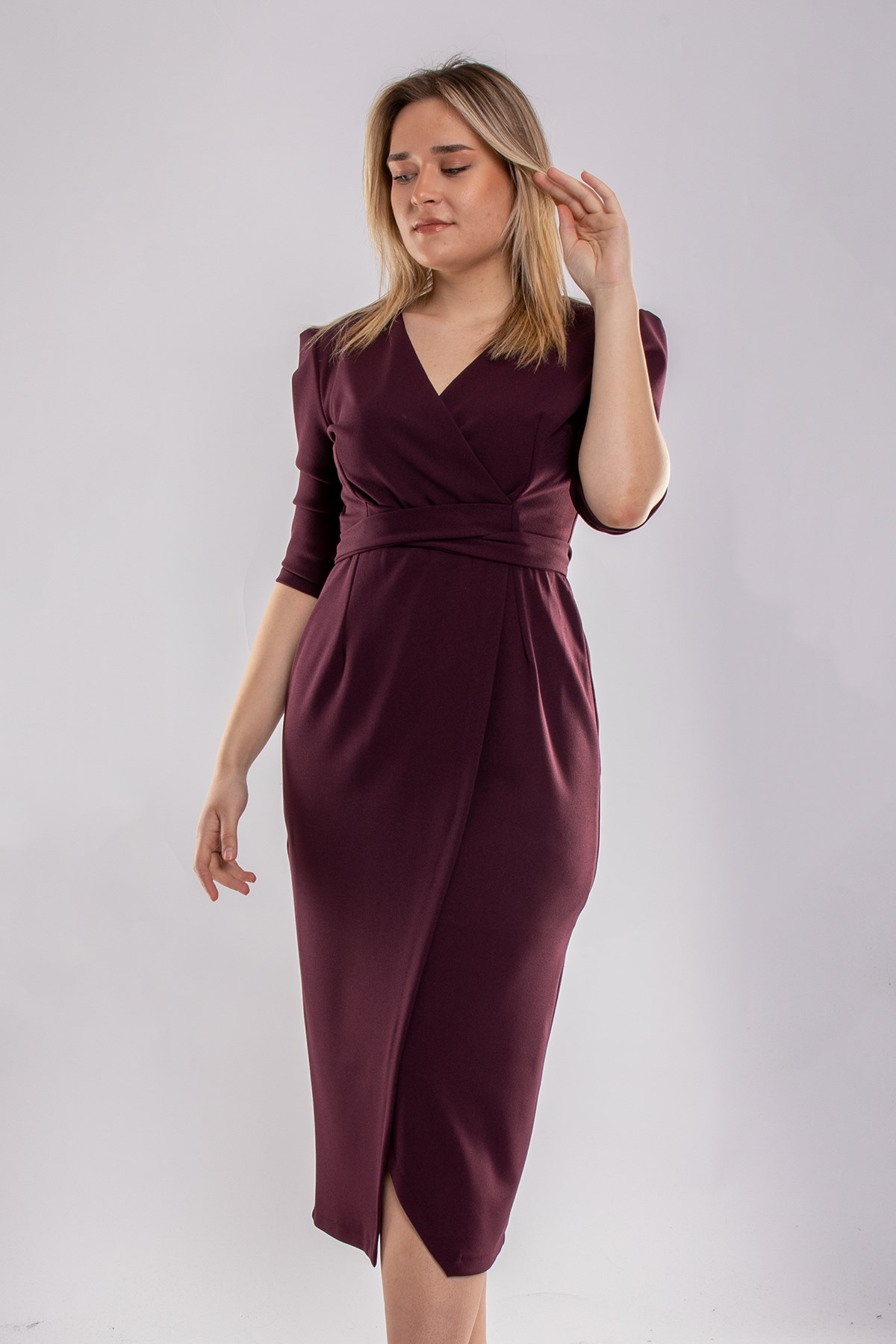 61246 Büyük Beden Kruvaze Yaka Bağlamalı Krep Elbise