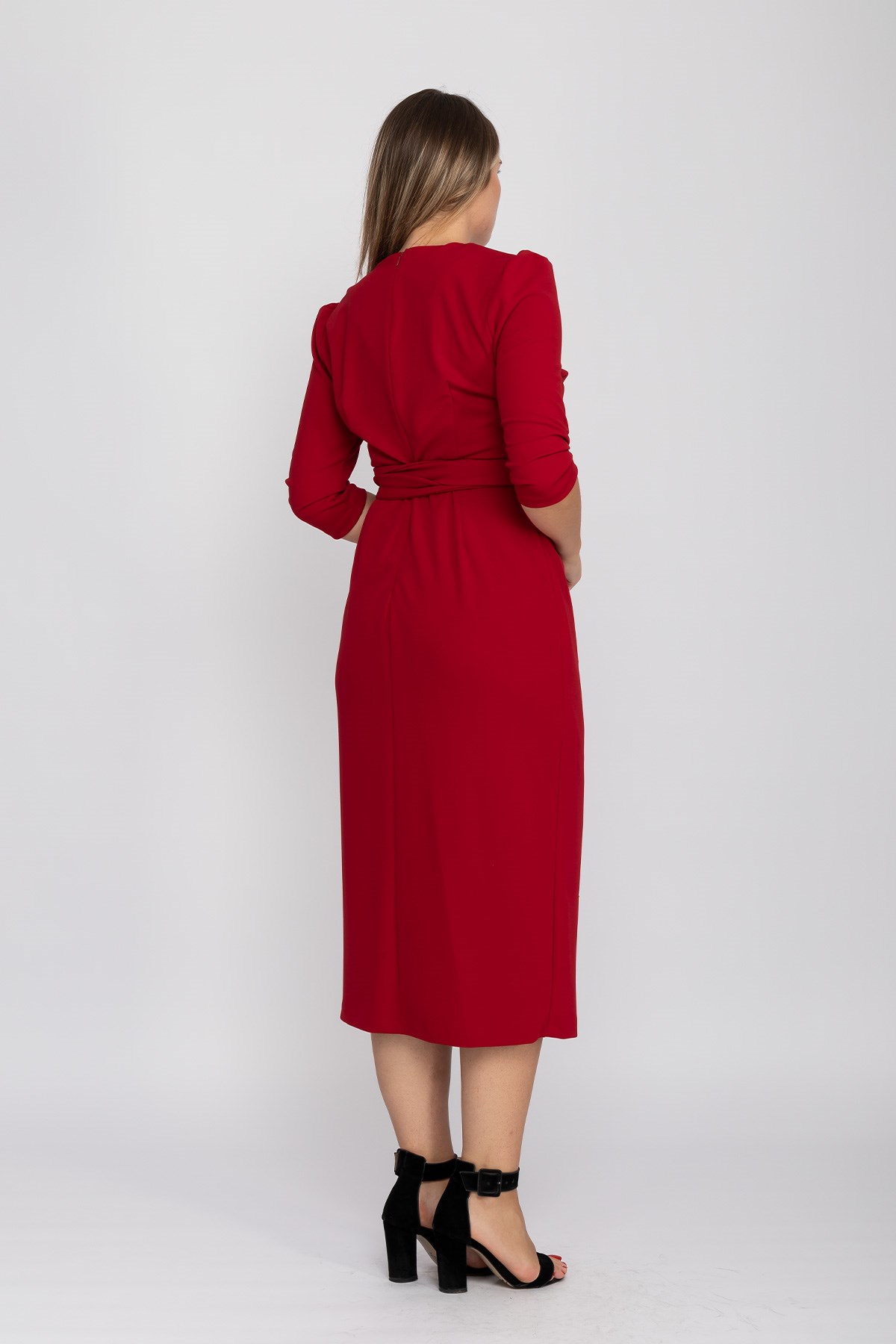 61246 Büyük Beden Kruvaze Yaka Bağlamalı Krep Elbise