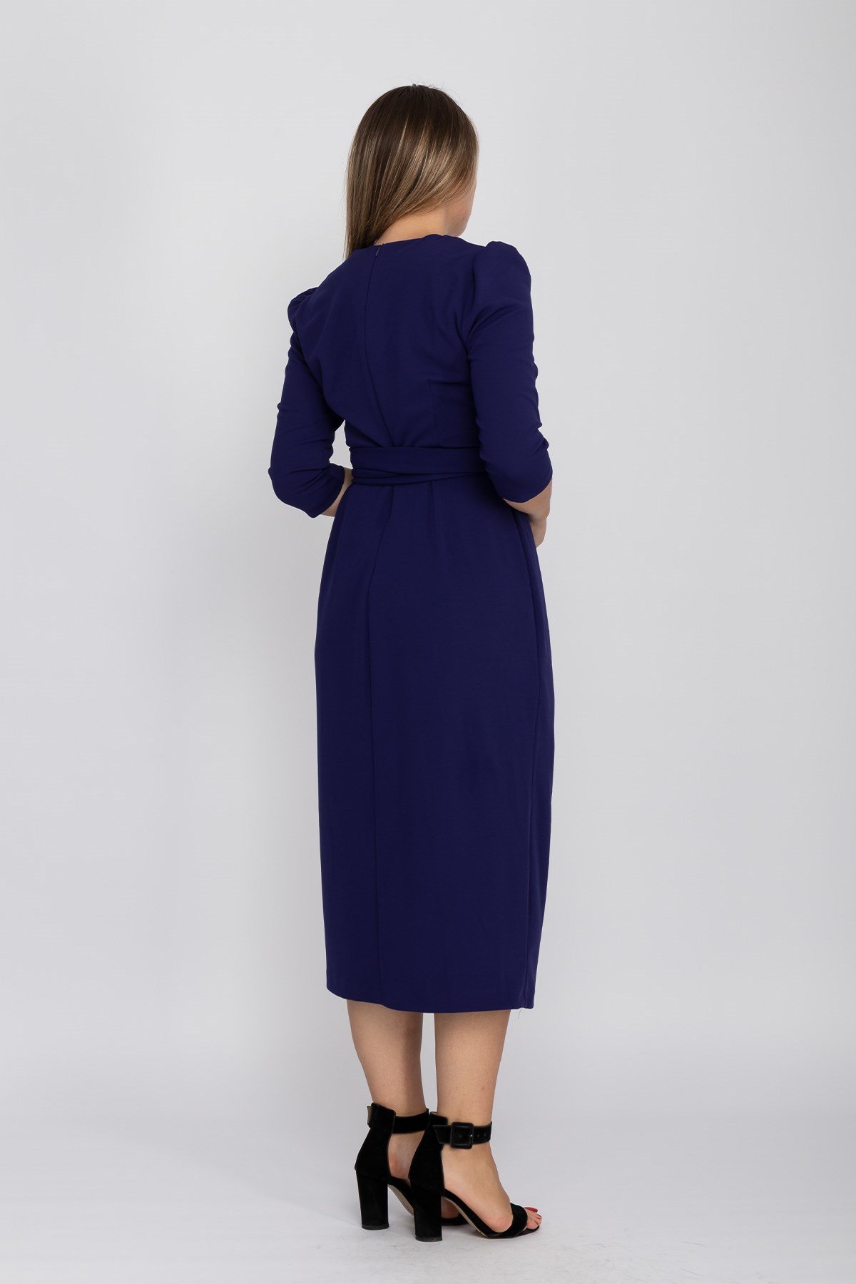 61246 Büyük Beden Kruvaze Yaka Bağlamalı Krep Elbise